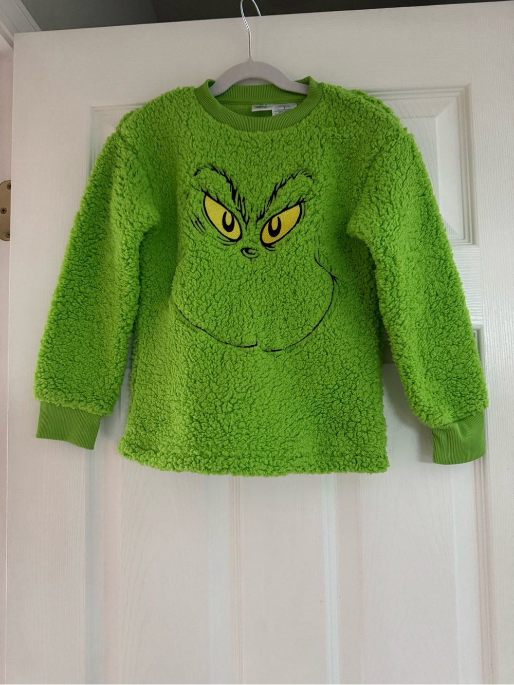 Kids Green Sherpa Sweatshirt with Grinch Face - Cozy Pullover
